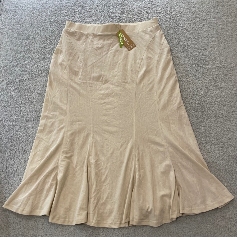 NWT OGL Move Wrinkle Resistant Cotton Linen Pull On Midi Skirt Womens XL Beige